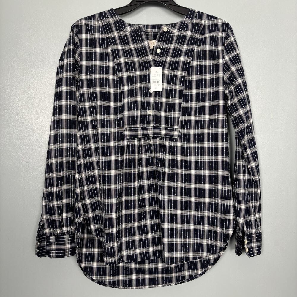 NWT Ann Taylor LOFT small Plaid Bib Popover Henley Tunic Top XS New Shirt Blouse